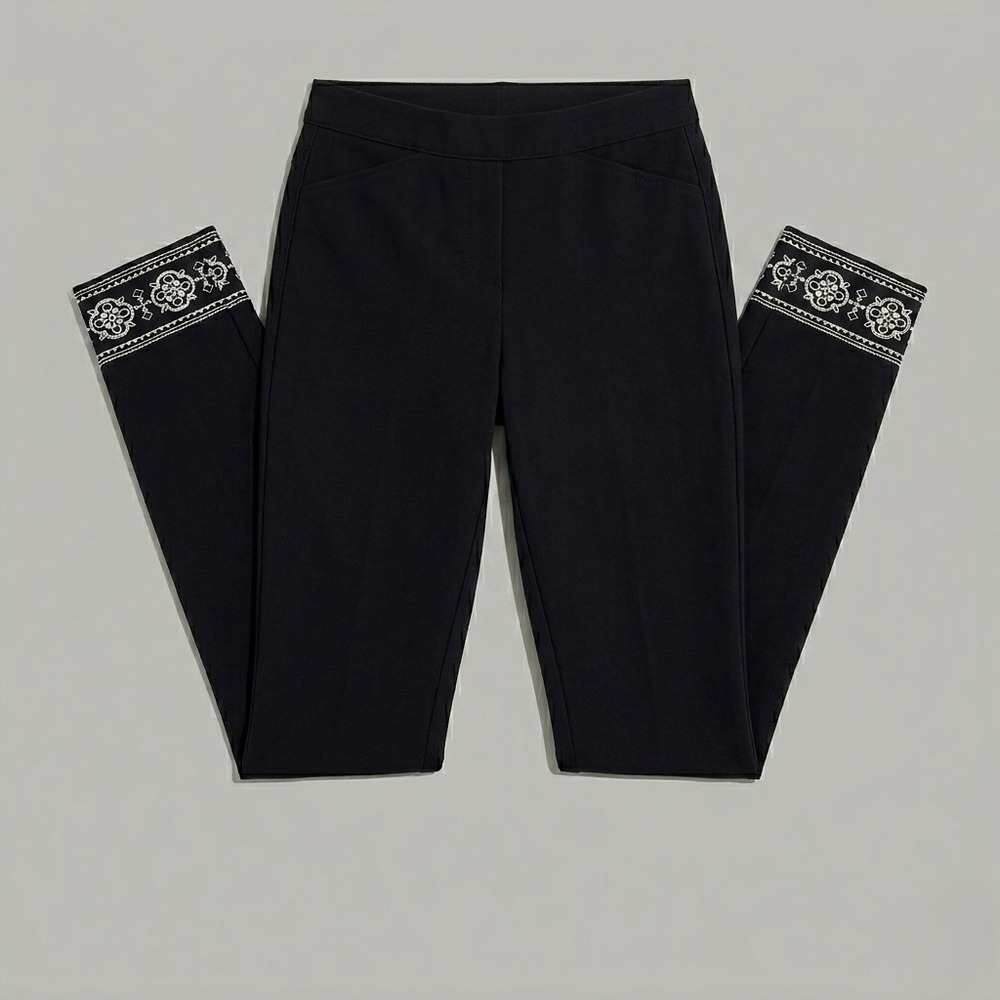 Women's Ruby Rd Petite Navy Blue Embroidered Ankle Stretch Straight Leg Pant 14P